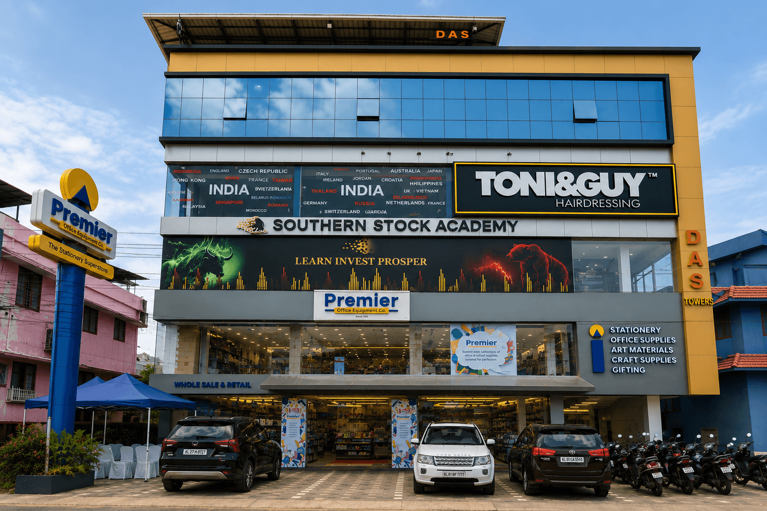 Premier Technopark storefront with a glass facade and office-supply displays